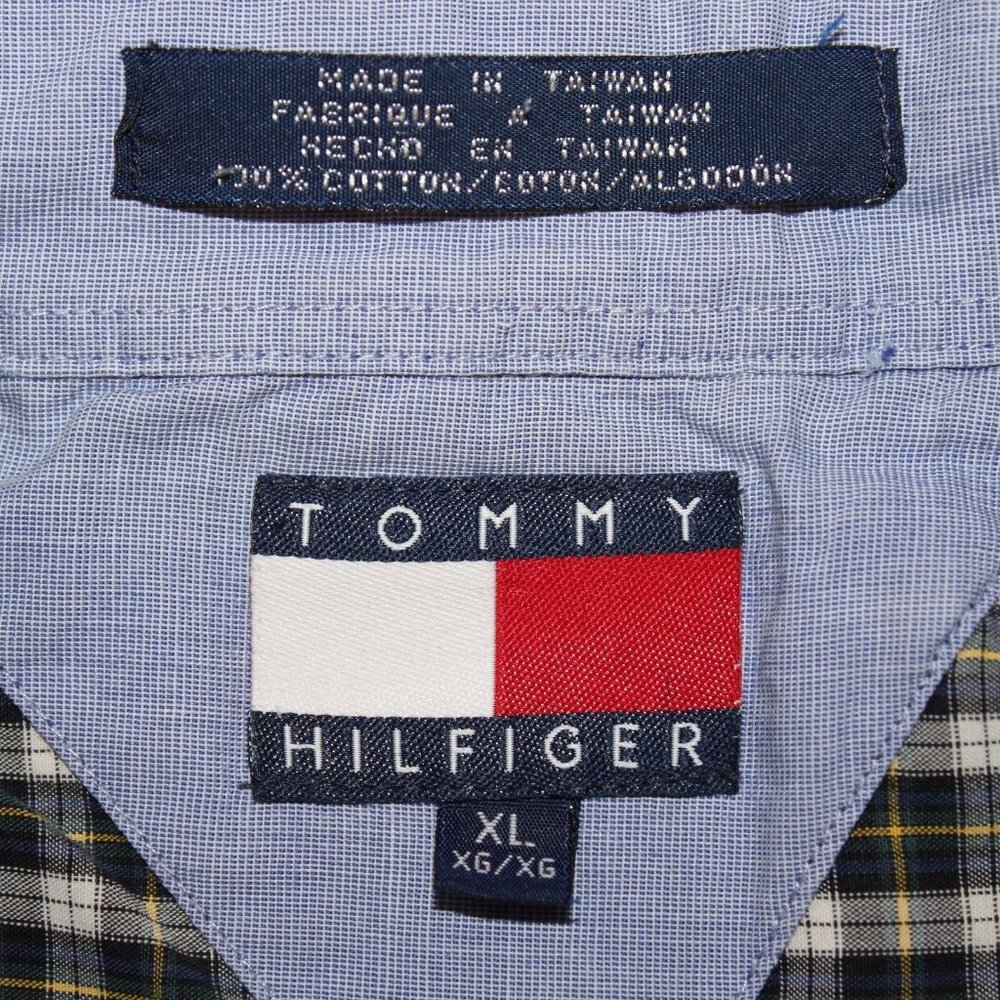 VTG Tommy Hilfiger XL 90's Big Flag Logo Green Yellow Check Oxford Dress Shirt - Picture 6 of 11
